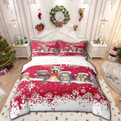 Loussiesd Joyeux Noël Bettbezug 140 x 200 cm, Weihnachten, Schneefokon, Katzen, Bettwäsche für Kinder, Jugendliche, niedliche Kätzchen, Tiere, rot, weiß, Bettbezug, Dekoration