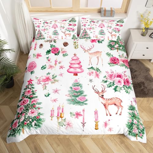 Homewish Rosa Weihnachten Bettwäsche 155x220 Mädchen Weihnachts Rose Blumen Bettbezug Kawaii Weihnachtsbaum Bettwäsche Set Kinder Jungen Mädchen Dreamy Bedding 1 Kissenbezug Raumdekor