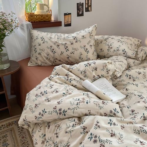 Freyamy Blumen Bettwäsche 220x240cm 3teilig Khaki Braun Grün Floral Mädchen Wende Bettwaren-Sets Microfaser Blumenmuster Kinder Bettbezug mit Reißverschluss und 2 Kissenbezug 80x80cm