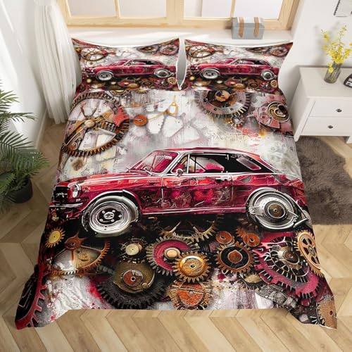 feelingyou Sportwagen Bettwäsche Sets S Größe, Renntema Pink Race Auto Druck Bettdecke Abdeckung 2pcs für Kinder Schlafzimmer, Retro Braun Gear Graffiti Quilt Abdeckung, 1 Kissenbezug (Keine Decke)