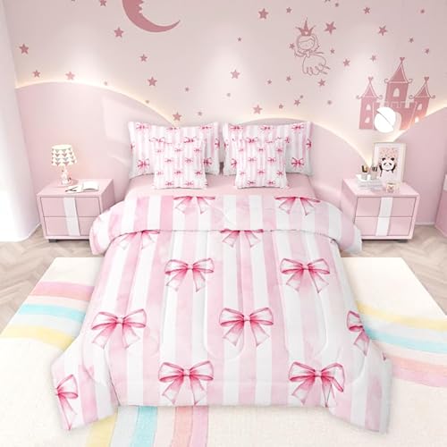 7-teiliges Bettwäsche-Set für Kinder, mit Fliege, geometrische Streifen, Schmetterlingsknoten, Prinzessinnen-Stil, modisch, romantisch, rosa (Bettdecke + Spannbetttuch + 2 Kissenbezüge + 2
