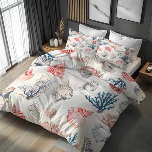 Sommer Bettwäsche 200x220 Maritim - Koralle Muscheln Bettbezug 3er Set mit 2 Kopfkissenbezug 80x80 cm, Weiche Kuschelige Mikrofaser Wendebettwäsche mit Reißverschluss &JY4