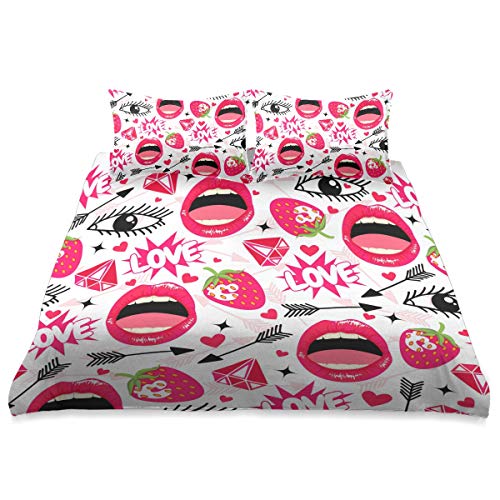 Bettwäsche-Set, 3-teilig, Superweich, Lippen, Augen, Diamanten, Herzen, Erdbeere, Pfeile, Bettwäsche-Set, Queen-Size, Bettbezug, Kissenbezüge, mit Reißverschluss, Microfaser, 90 × 104 in?20 × 36 in
