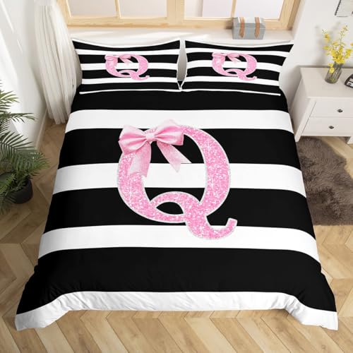 Homewish Monogramm-Brief Bettwäsche 135x200cm Rosa Bow Initial Letter bettbezug Set für Jugendliche Kinder,Schwarze Weiße Streifen Bettwäscheset Mädchen Teens Kawaii Glitter Bowknot bettset raumdekor