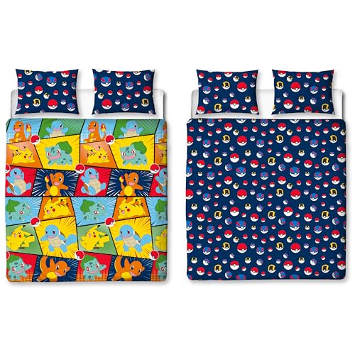 Pokemon Offizielles Doppel-Bettwäsche-Set, Retro-Design, wendbar, Pikachu Squirtle Charmander, 2-seitiger Bettbezug, offizielles Merchandise-Produkt, inklusive passenden Kissenbezügen