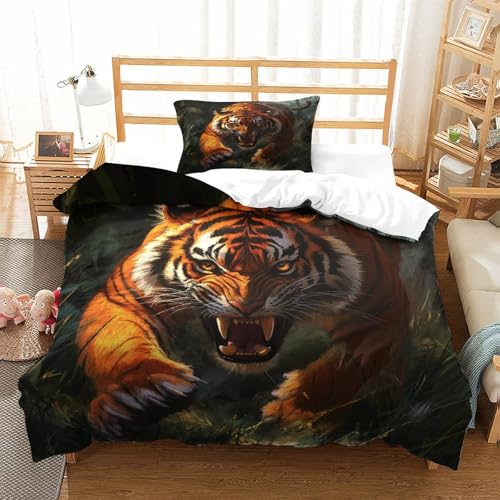 QADDKRTEV Tiger Bettbezug Set Bettwäsche Kinderbettwäsche Reißverschluss Mit Kissenbezügen Betten Set Für Jungen Und Mädchen, Kinder Single?135x200cm?