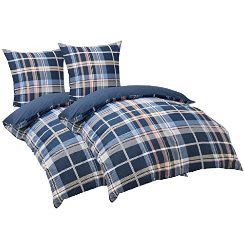 BEDSURE Bettwäsche 135x200 4teilig Baumwolle - Bettwäsche-Sets 2er Set Bettbezug Warm mit 2 Kissenbezüge 80x80 cm, Oeko-TEX Baumwoll Bettwäsche mit Reißverschluss Blau Kariert Muster