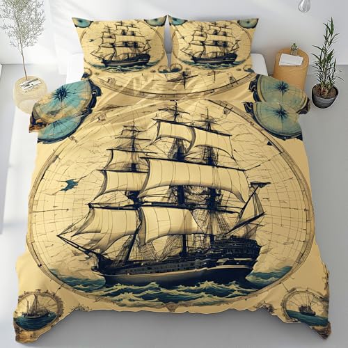 Tyafsgvqo Kompass Piratenschiff Bettwäsche 135x200 3 Teilig, Vintage Nautische Thema Bettbezug mit 2 Kissenbezug 80x80 cm, Maritim Meer Abenteuer Bettwäsche Set, Wendebettwäsche mit Reißverschluss