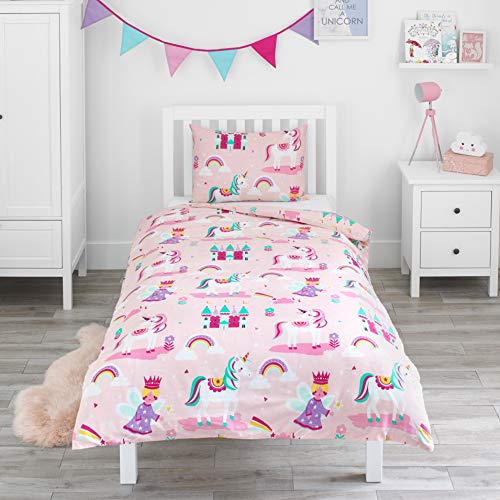 Bloomsbury Mill - Kinderbettwäsche 135x200 - Einhorn Bettwäsche Mädchen 135x200 - Prinzessin und Regenbögen - Kinder Wendebettwäsche und Kissenbezug Set - Rosa & Lila Einzelbettwäsche-Set