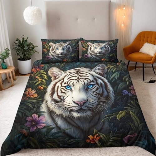 Tiger Bettwäsche 220X240 Tier Bettbezug Junge Mädchen 3D Effekt Teenager Bettwäsche-Set Mikrofaser Bettbezug Mit Reißverschluss Und 2 Kissenbezug 80X80Cm
