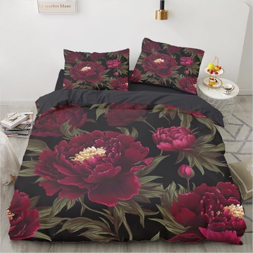 Luowei Bettwäsche 135x200 Blumen Motiv Rot Lila Floral Bettwäsche 3D Aesthetic Blumen Bettwäsche Weich Kuschelig Mikrofaser Bettwäsche 2teilig mit Reißverschluss und 80x80 cm Kissenbezug