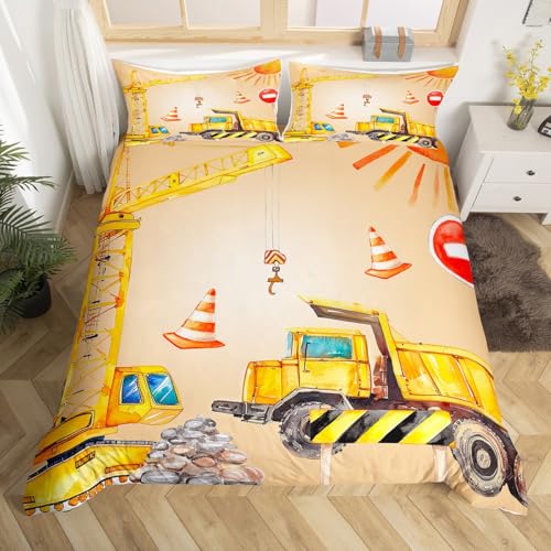 Loussiesd Jungen Bagger Bettbezug Set BAU Gelber LKW Bettwäsche Set 135x200cm Gebäude BAU Fahrzeuge Drucken Bettwäsche-Set für Jugendliche Kinder Schlafzimmer Bettbezug Weiche Mikrofaser
