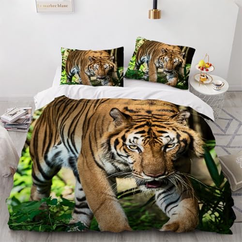 Generisch 3D Tiger Bettwäsche 155x220 cm 3teilig Tiger Bettbezug mit Reißverschluss 100% Mikrofaser Leicht Atmungsaktive Bettwaren Set mit 2 Kissenbezüge 50x75?Muster 25-3?
