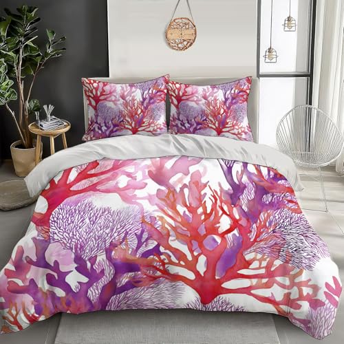 GSAEIMCT Rötlich-Violett Helle Koralle Bettwäsche Set 135X200Cm Für Kinder Teens Aquarellpflanzen 3D Print Betten Set Microfaser Bettbezug Set Mit Kissenbezug Zimmer Dekor 3 Teilig