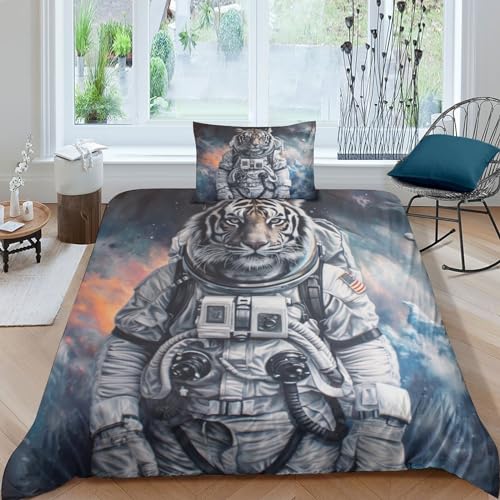 WXMMoney Astronauten-Tiger-Bettbez ug-Set, Kissenbezug, warmes und seidiges Heimtextil-Dekor, Bettwäsche-Set für Mädchenzimmer-Dekoration , Einzelbett (135 x 200 cm)