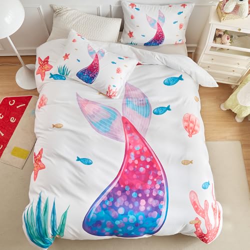 WUMIUER Mädchen Kinder Bettwäsche 155x200 cm Set 2tlg - Süß Bunt Meerjungfrau Fischschwanz Seestern Design - Weich Bettbezug 155x200cm und 1 Kissenbezug 80x80cm mit Reißverschluss für Dame Einzelbett