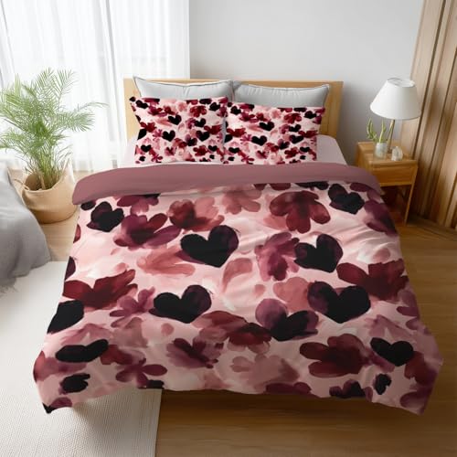 Generisch Weinrot Bettwäsche Romantisch Bettbezug-Set 155 x 220 cm + 2 * 80 x 80 cm Kissenbezüge Kissenbezug, Hochwertiges Microfaser Wendebettwäsche mit Reißveschluss