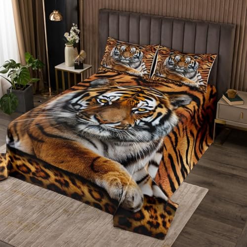 feelingyou Tiger 3D Drucken Bettdecke 2pcs Naturlicher moderner Stil Coverlet Quilt Wilde Tiere Leopard Muster Bettwäsche Set S Größe