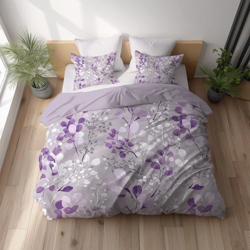 Atmungsaktiv Bettwäsche 135 x 200 - Flieder Grau Bügelfrei Farbbeständig Bettwäsche Sets - Bettbezug(135 x 200)+ Kissenbezüge - Für Allergiker Geeignet Elegant Blume Blatt Linie