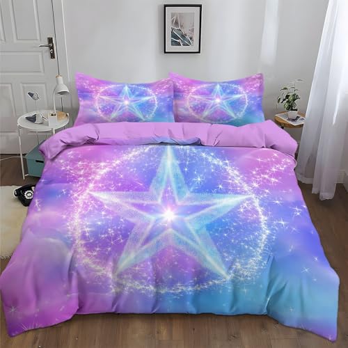 Bettwäsche 200x200 cm Fantasie Sternenhimmel Pentagramm Glanz Bettbezug, ÖkoTex Bettwäsche-Sets 3 teilig, Super Weich & Bügelfrei Mikrofaser Wendebettwäsche und 2 Kissenbezug 80x80 cm, Flieder