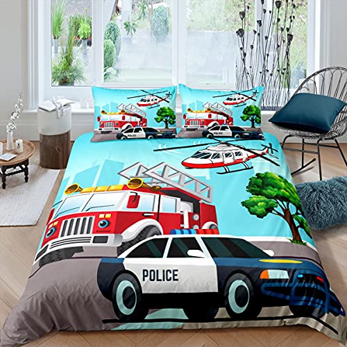 Loussiesd Polizei Feuerwehr Bettwäsche 155x220cm Kinder Karikatur Feuerwehrauto Polizeiauto Flugzeug Bettwäsche Set Jungen Jugendliche Mädchen Bettbezug Set Mikrofaser Dekor Betten Set