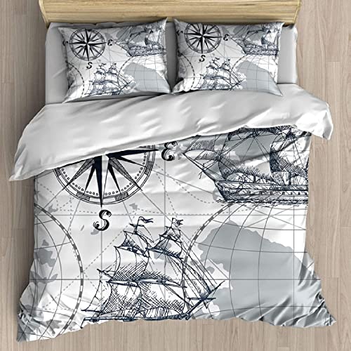 NEKOMARUKE BettwäSche 135x200 Blau Nautisch Anchor Wal Segelboot Lenkrad Alter Leuchtturm Kinder Bettbezug Set 2teilig Mikrofaser Weiche Bettbezug mit Reißverschluss und Kissenbezüge