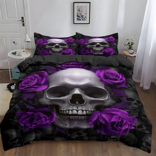 Gotischer Totenkopf Bettbezug Bettwäsche Set 3 Teilig 220 X 240 cm, Lila Rose Bettwäsche-Set Für Mädchen Junge Jugendliche, Deluxe Mikrofaser Weiche Gemütlich Bettbezug Mit 2 Kissenbezüge