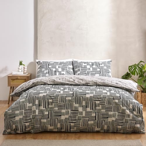 Catherine Lansfield Blocks Wende-Bettwäsche-Set für Doppelbett mit Kissenbezügen, Schwarz