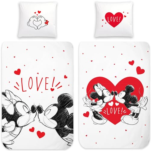 Minnie Mouse und Micky Mouse Bettwäsche Love 135 x 200 cm + 80 x 80 cm 100% Baumwolle in Renforcé-Linon-Qualität Maus Partner Bettwäsche Disney Liebe Herz mit Reißverschluss Deutsche Größe