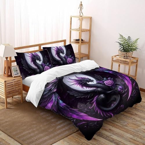 SHOVERKD Violett Drachen Bettwäsche-Set 3D Gedruckt Wild Mythologie Fantasie Tiere Microfaser Double?200x200cm?,aus Weicher Microfaser Mit Reißverschluss 3Pcs Für Kinder