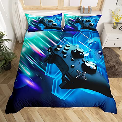 Tbrand Gamepad Bettwäsche Set 135x200cm Jungen Videospiel Bettbezug Set für Kinder Jugend Galaxis Gaming Controller Betten Set Gamer Blue Hexagon Geometric Decor mit 1 Kissenbezug