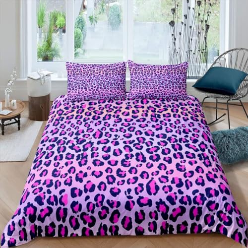 Loussiesd Leopardenmuster Bettbezug 220 x 240 cm, Mädchen, Rosa, Violett, Gepard, bedruckt, Bettwäsche, Set für Mädchen, Jugendliche, Frauen, Schlafzimmerdekoration, Bettwäsche