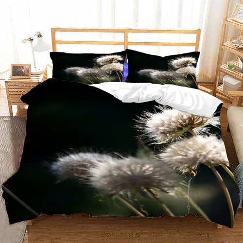 Hongduo 3D Pusteblume Bettwäsche 135x200 cm Weich Mikrofaser Botanisch Pflanzen Bettwäsche-Sets mit Reißverschluss 3 Teilig Bettbezüge mit 2 Kissenbezug 80x80 cm