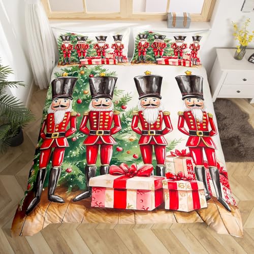 Homewish Rote Weihnachten Bettwäsche Nussknacker bettbezug Set 135x200cm für Kinder Jugendliche,Frohe Weihnachten Bettwäscheset Winter Weihnachtsbaum Dekor bettset Schlafzimmer dekor weich,Rot,Grün