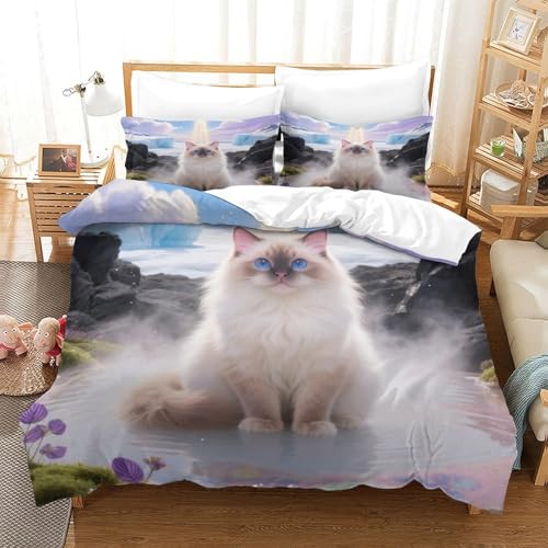 Ragdoll Katze Bettwäsche Set Weiche Mikrofaser Bettbezug-Set Mit 3D Katze Gletscher-Design Mit Reißverschluss & Kissenbezug Für Junge Und Mädchen Single?140x200cm?