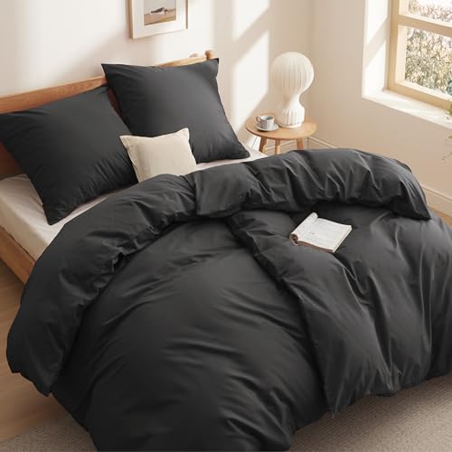 BEDSURE Bettwäsche 135x200 Baumwolle 4teilig   Bettwäsche Sets Schwarz Bettbezug 2er Set 2 Kissenbezüge 80x80, Oeko TEX Bedding Schwarz Reißverschluss