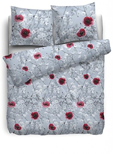 HnL Renforce Bettwäsche Floras 100% Baumwolle grau rot 135x200 + 80x80 cm