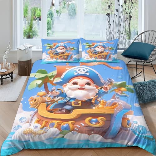FSYQQASD Drucken Cartoon-Pirat Bettbezug 3 Teilig 3D Gedruckter Kapitän Bettwäsche-Set Mädchen Junge Kinder Deluxe Mikrofaser Weiche Bettbezug Mit Reißverschluss Und Kissenbezüge King?220x240cm?