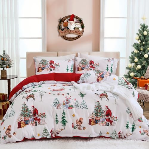 WONGS BEDDING Weihnachts Bettwäsche 135x200 2 Teilig, Weihnachtsmann Muster Weich Mikrofaser Bettwäsche-Set, Winter Weihnachten Bettbezug Set mit Reißverschluss und Kissenbezug 80x80 cm, Weiß