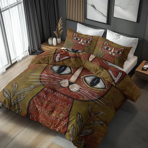Generisch Bettwäsche 135x200 Retro Katze, Weiche Bügelfreie Mikrofaser Bettbezug Set 2tlg, Cartoon Muster Schlafzimmer Deko, 1 Kissenbezug 80x80, mit Reißverschluss KBQ119