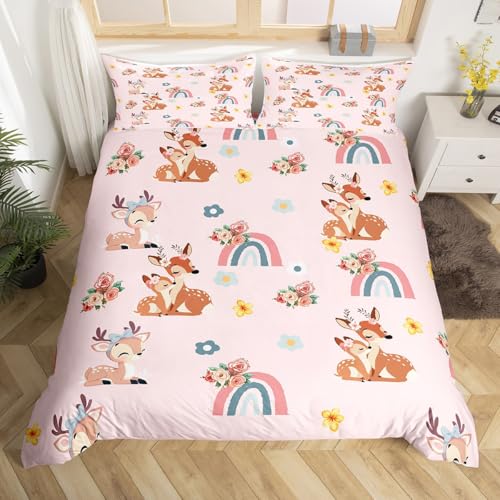 Homemissing Elk Bettbezug Set für Mädchen Süß Hirsch Bettwäsche Set 200x200cm Pink, Regenbogen und Blumen Bettwäsche-Set mit Reißverschluss für Jugendliche Kinder Schlafzimmer Dekor 3 Stück