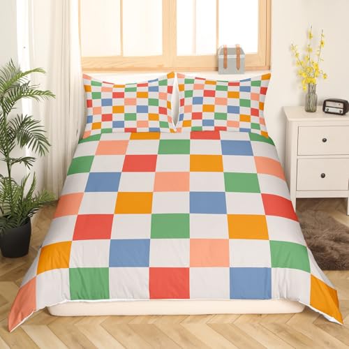 Bunte Gitter Bettbezug Set S Größe, Aquarell Orange Rot Blau Grün Karierte Bettwäsche Set Weiche Schlafzimmer Dekor, Abstrakte Vintage Art Polyester Quilt Cover (Kein Tröster), 2 Pcs