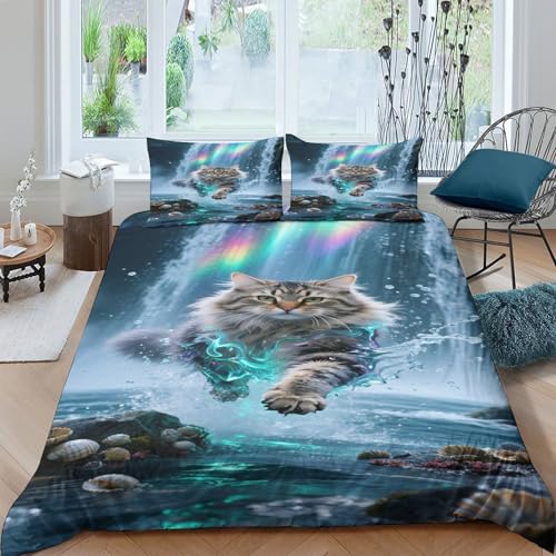 CHUIYUFULAN Norwegian Forest Katze Bettbezug Set Bettwäsche-Sets Kinderbettwäsche Reißverschluss Mit Kissenbezügen, Betten Set Für Jungen Und Mädchen, Kinder Double?200x200cm?