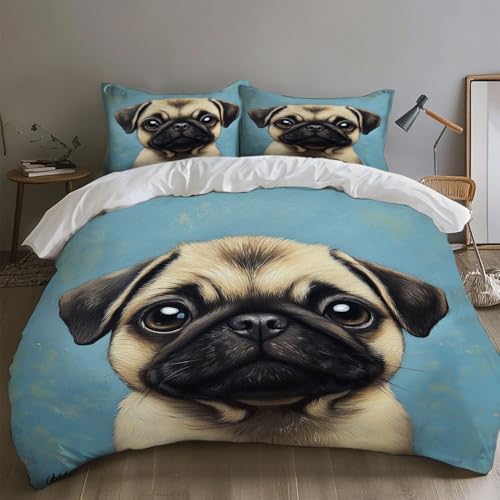 Bettwäsche 155x220 Süßer Mops Bettwäsche Set Weich Microfaser Kuschelige Bettwäsche, Bettwäsche Bettbezug und Kissenbezug 80x80cm