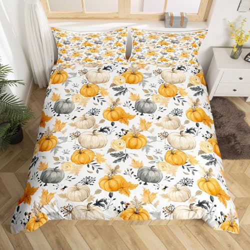 Homewish Halloween Herbsternte Kürbis Bettwäsche Süße Blüten Blätter Frohes Herbst Bettbezug Set 135x200cm Kinder Jungen Mädchen Ahornblätter Bettwäscheset Thanksgiving Geschenke Bett Set