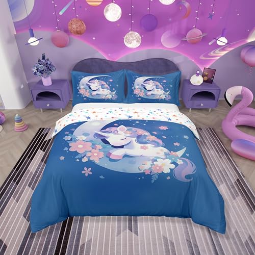 Loussiesd Cute Einhorn 100% Baumwolle Bettwäsche Set 135x200cm Mädchen Kinder Kawaii Bettbezug Floral Blume Betten Mond Wolke Bettwäsche-Set Dunkelblau
