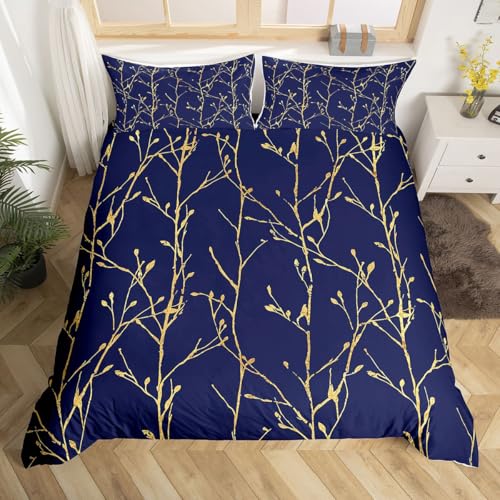 Homewish Goldene Folie Zweig Bettwäsche 135x200 Mikrofaser Marineblau für Kinder Teens Bettwäsche Set Minimalistisches Modernes Design Bettbezug Abstrakte Textur Bettset Moderne Schlafzimmer Dekor