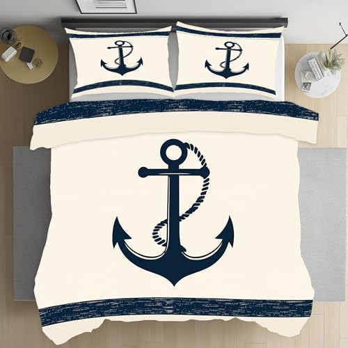 Pggong Anker Streifenmuster Bettwäsche 135x200 3teilig, Marine Nautisches Bettbezug, 2 Kissenbezüge 80x80 cm, Meeresabenteuer Bettbezüge Mikrofaser mit Reißverschluss Warm Weich