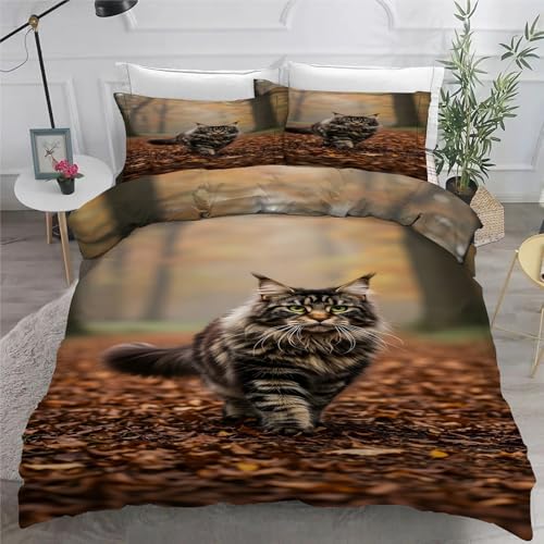 YZQGLHP Bettbezüge 135x200 Wald, Bettwaesche Maine-Coon-Katze, Bettbezug Mikrofaser 3teilig, Bettwäsche Weich Atmungsaktiv und 2 Kissenbezüge 80x80 cm, mit Reißverschluss