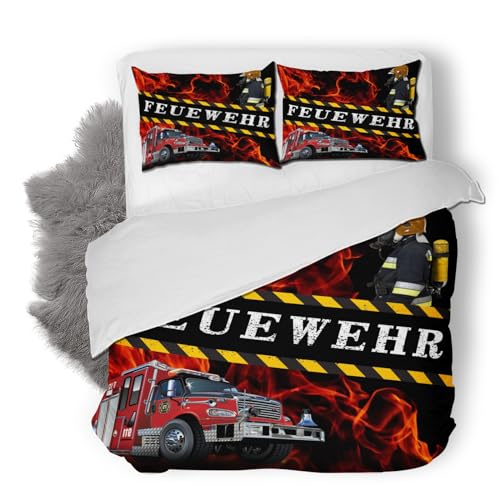 3D Feuerwehrauto Bettwäsche Set 200x200 cm Weich Mikrofaser Feuerwehr Bettwäsche-Set mit Reißverschluss 3 Teilig Bettbezug Set mit 2 Kissenbezug 80x80 cm